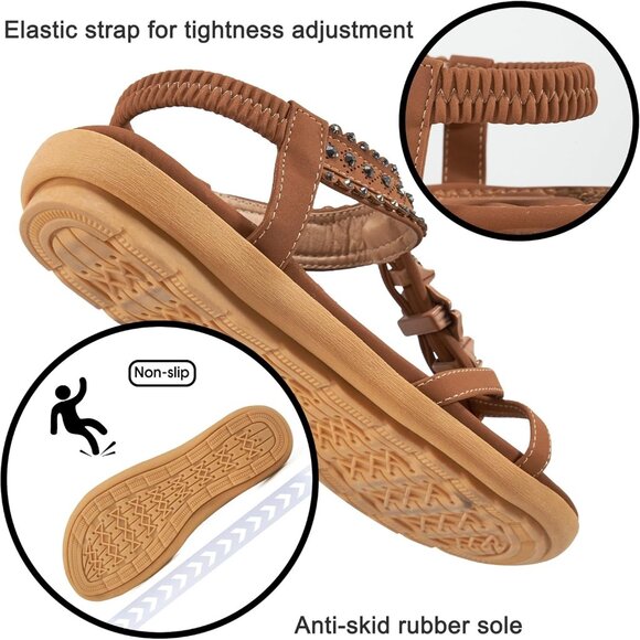 Womens Brown Leather Casual Beach Summer Jeweled Bohemian Flats Sandals - Picture 3 of 5